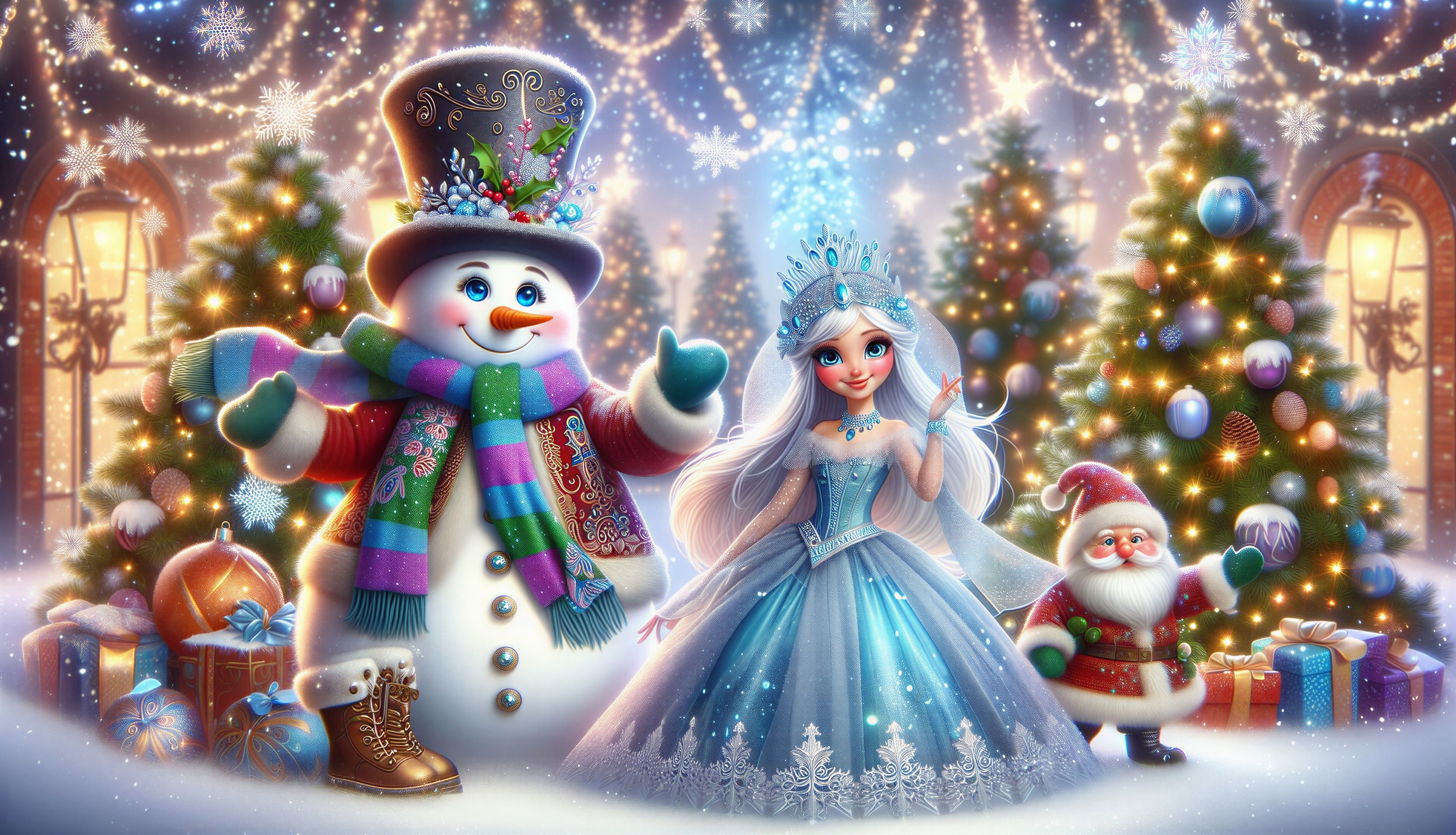 Whimsical Winter Scene with Snowman and Princess