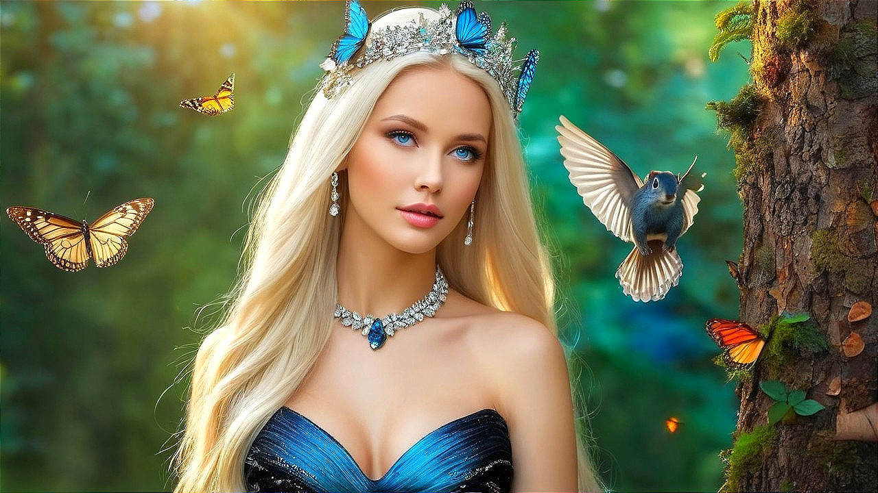 Serene Forest Scene with Woman and Butterflies