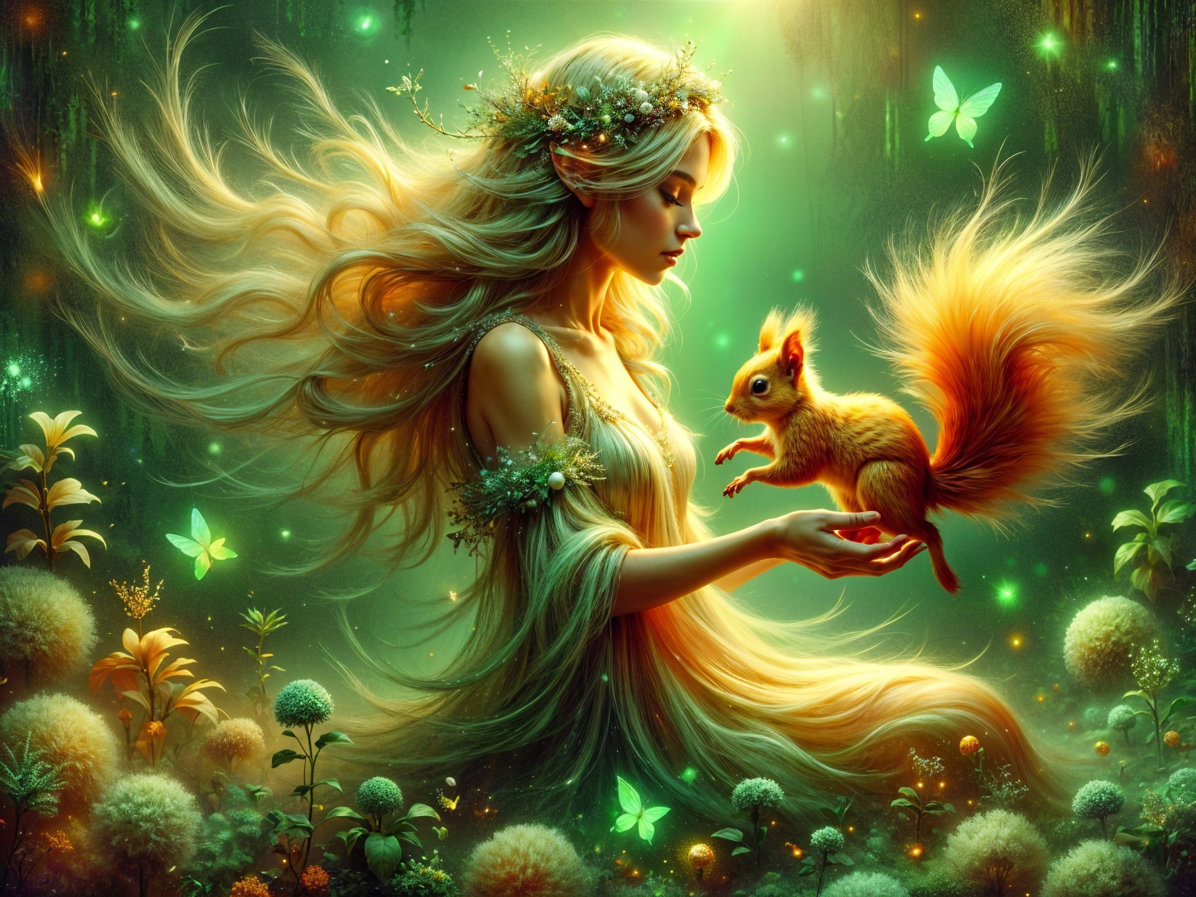 Serene figure with golden hair in a mystical forest