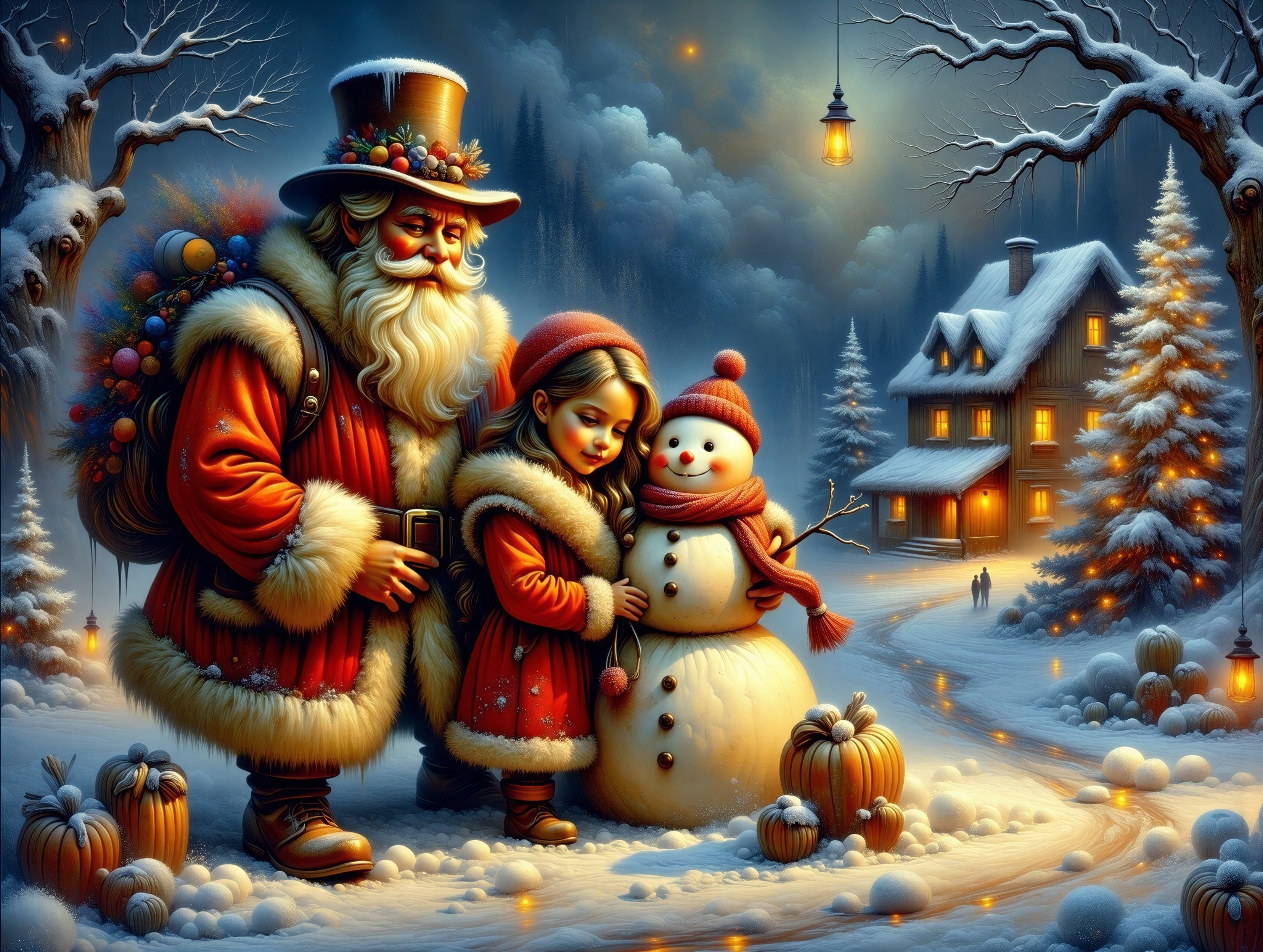 Whimsical Winter Scene with Santa and a Young Girl