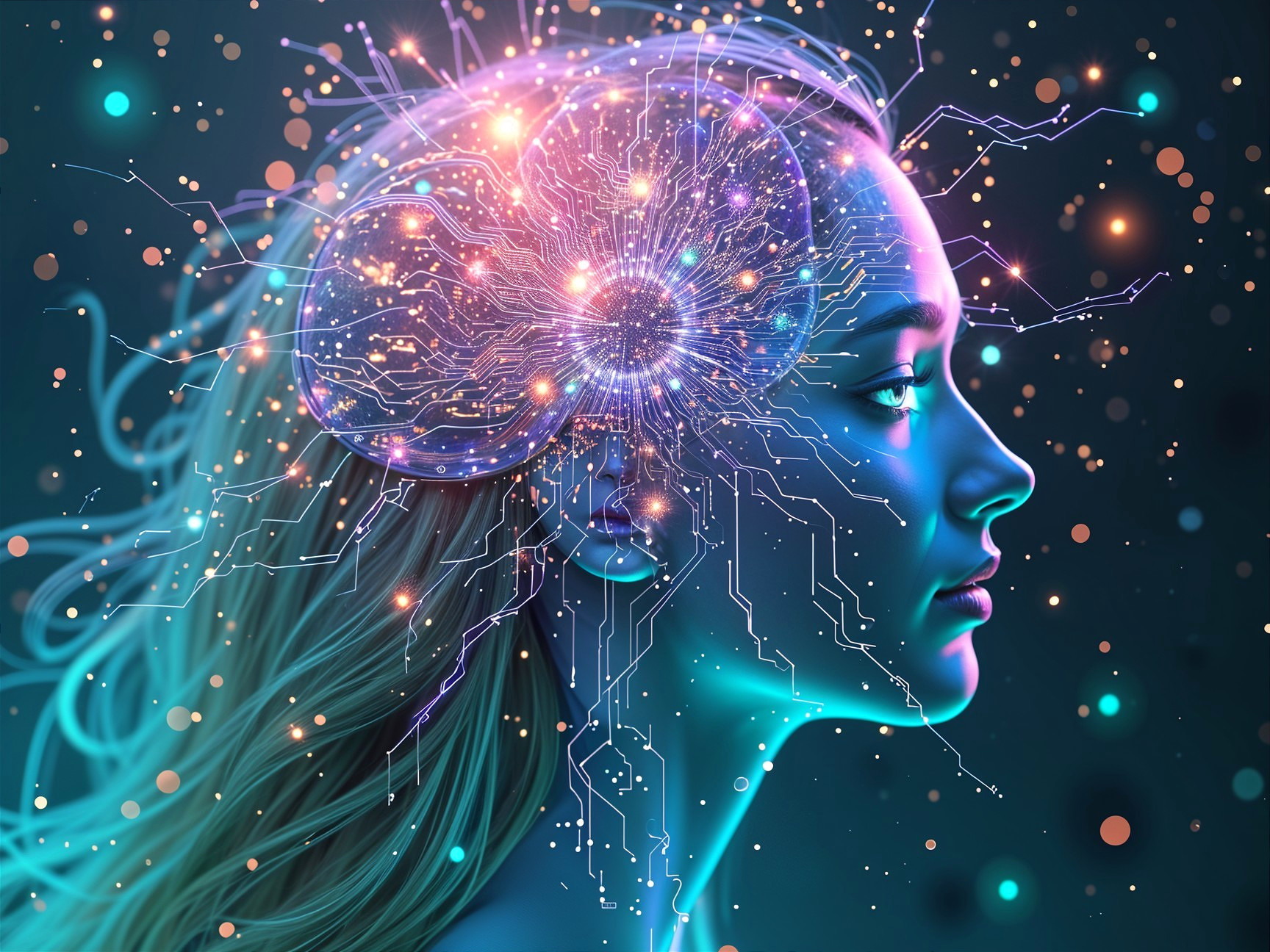 Futuristic Woman with Glowing Circuitry and Colors