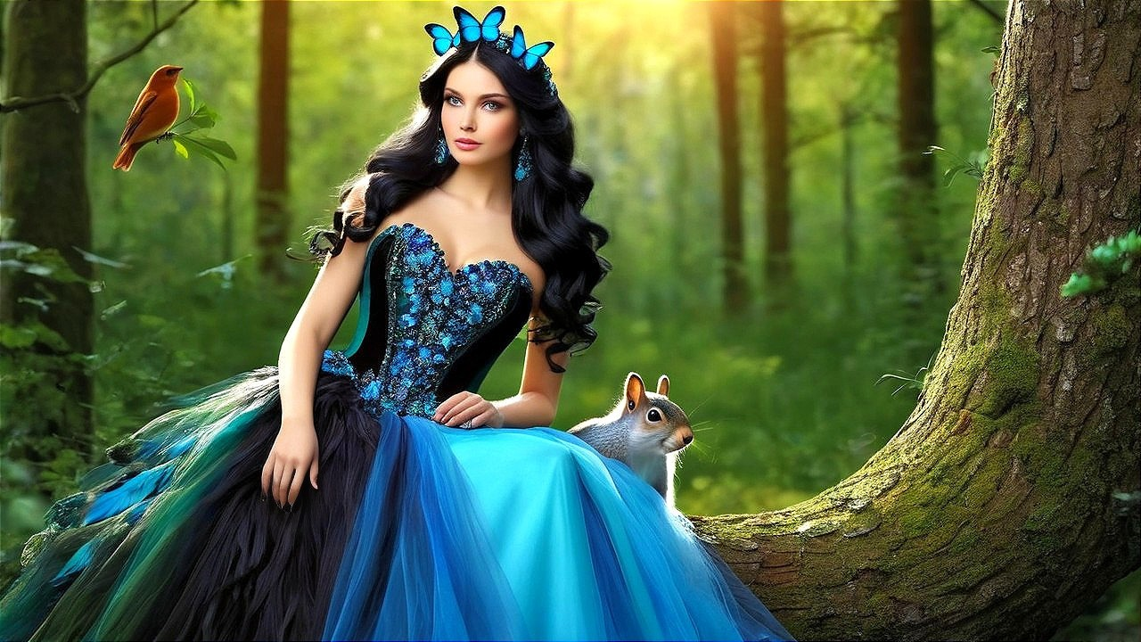 Woman in gown amidst forest with butterflies and wildlife