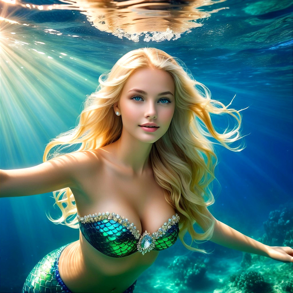 Underwater Scene with a Mermaid and Sunlight Effects