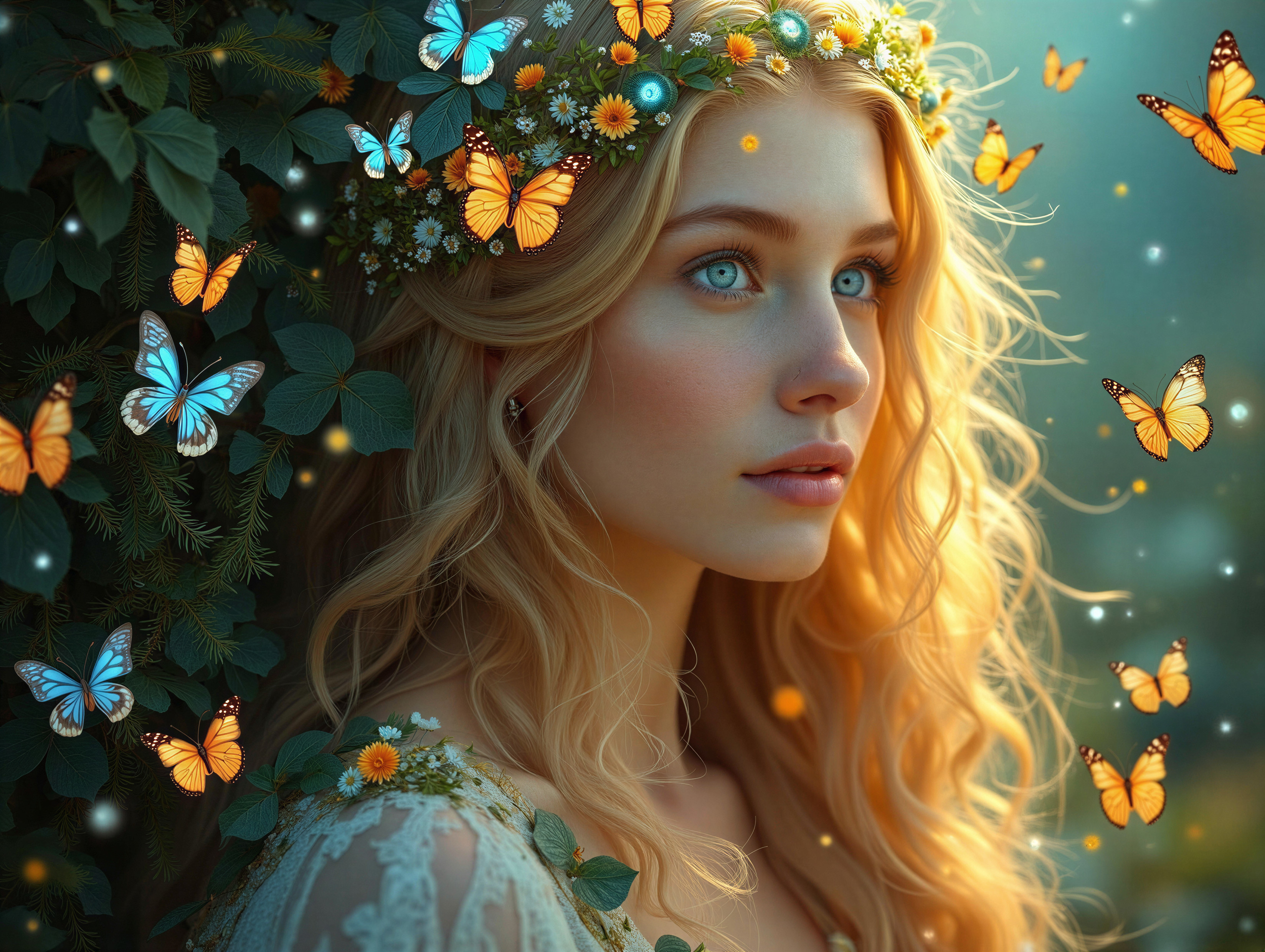Serene Woman with Floral Crown and Butterflies