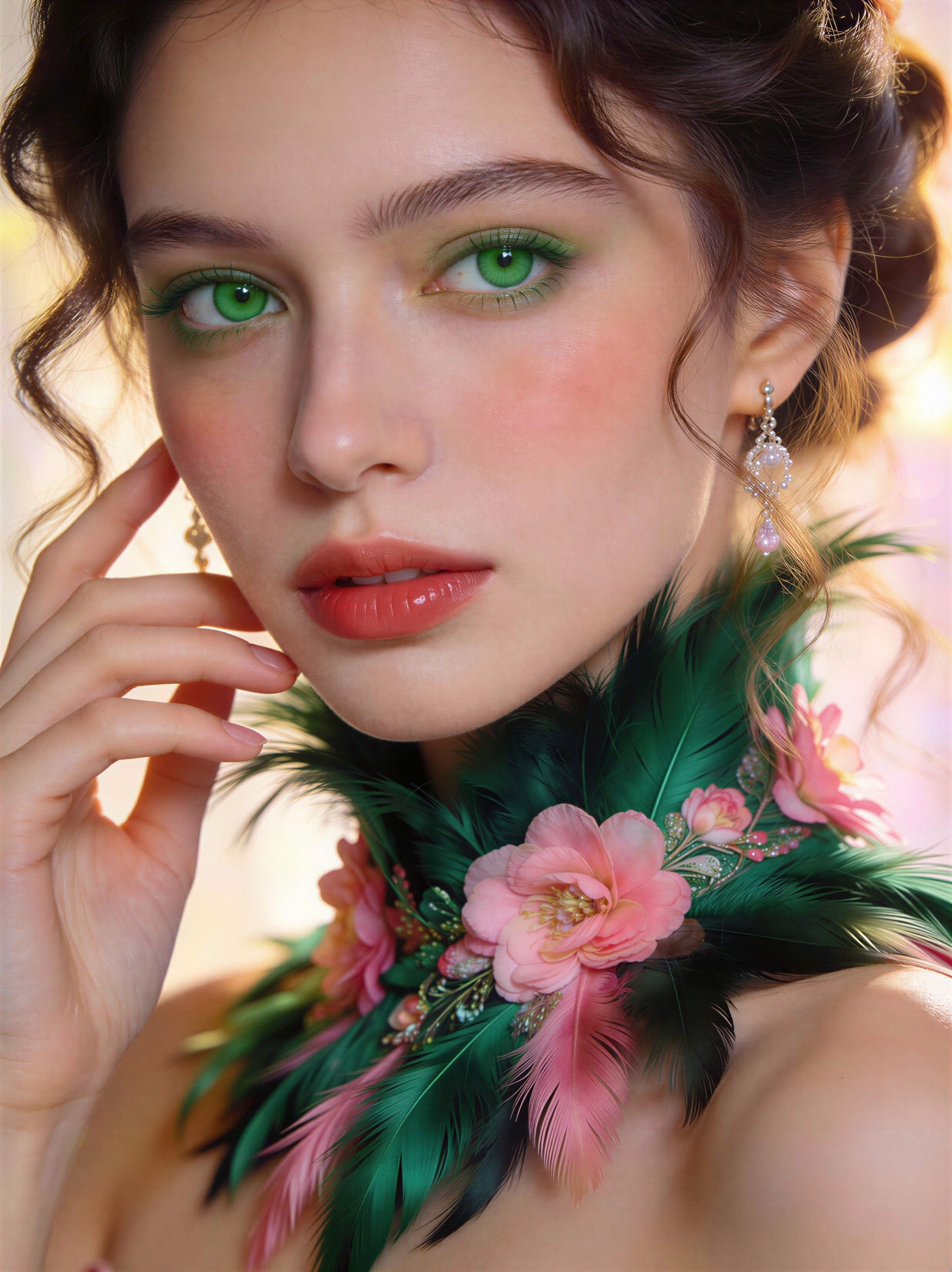 Portrait of a Young Woman with Green Eyes and Feather Collar