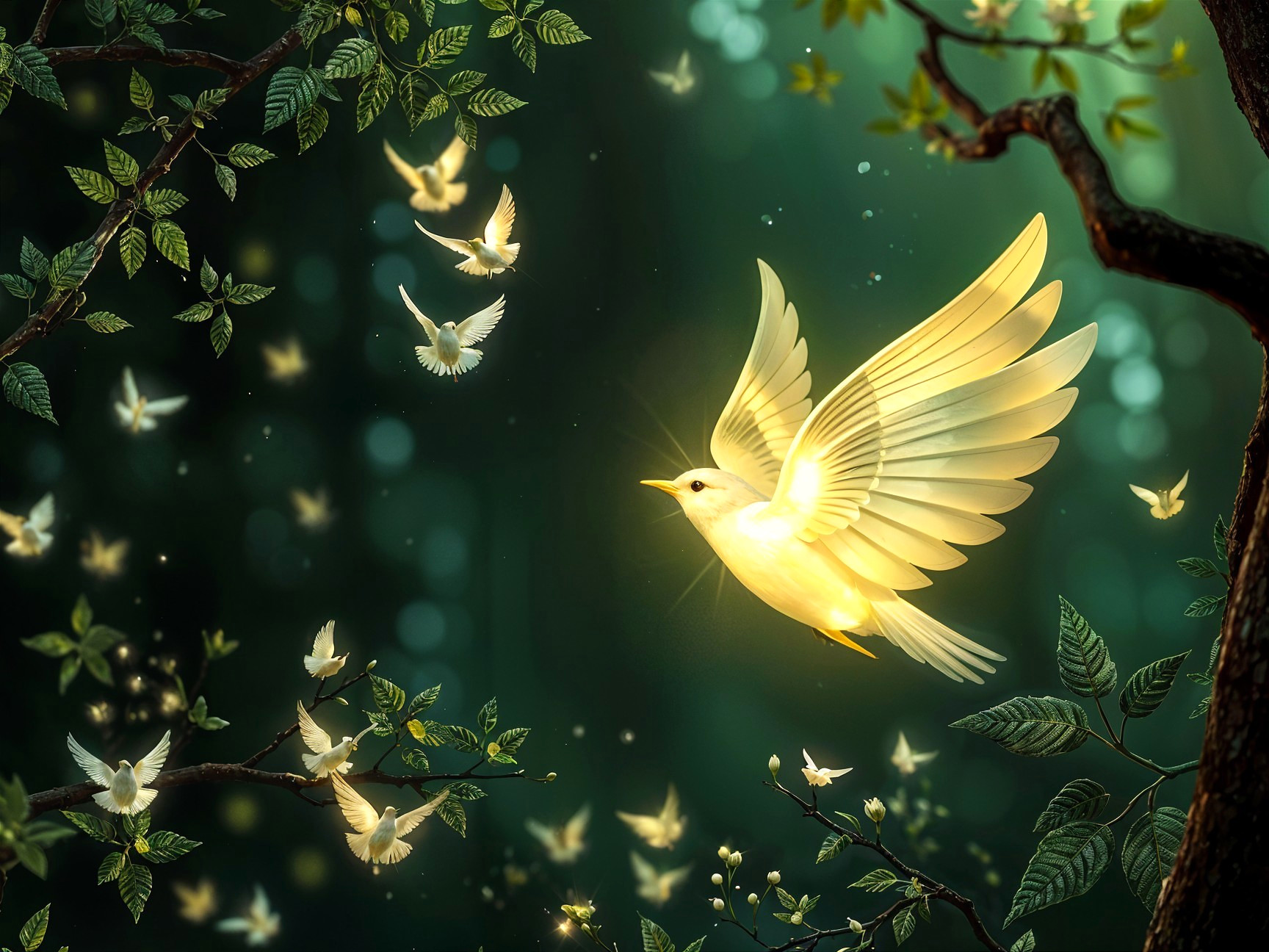 Glowing Yellow Bird in Enchanted Forest Scene