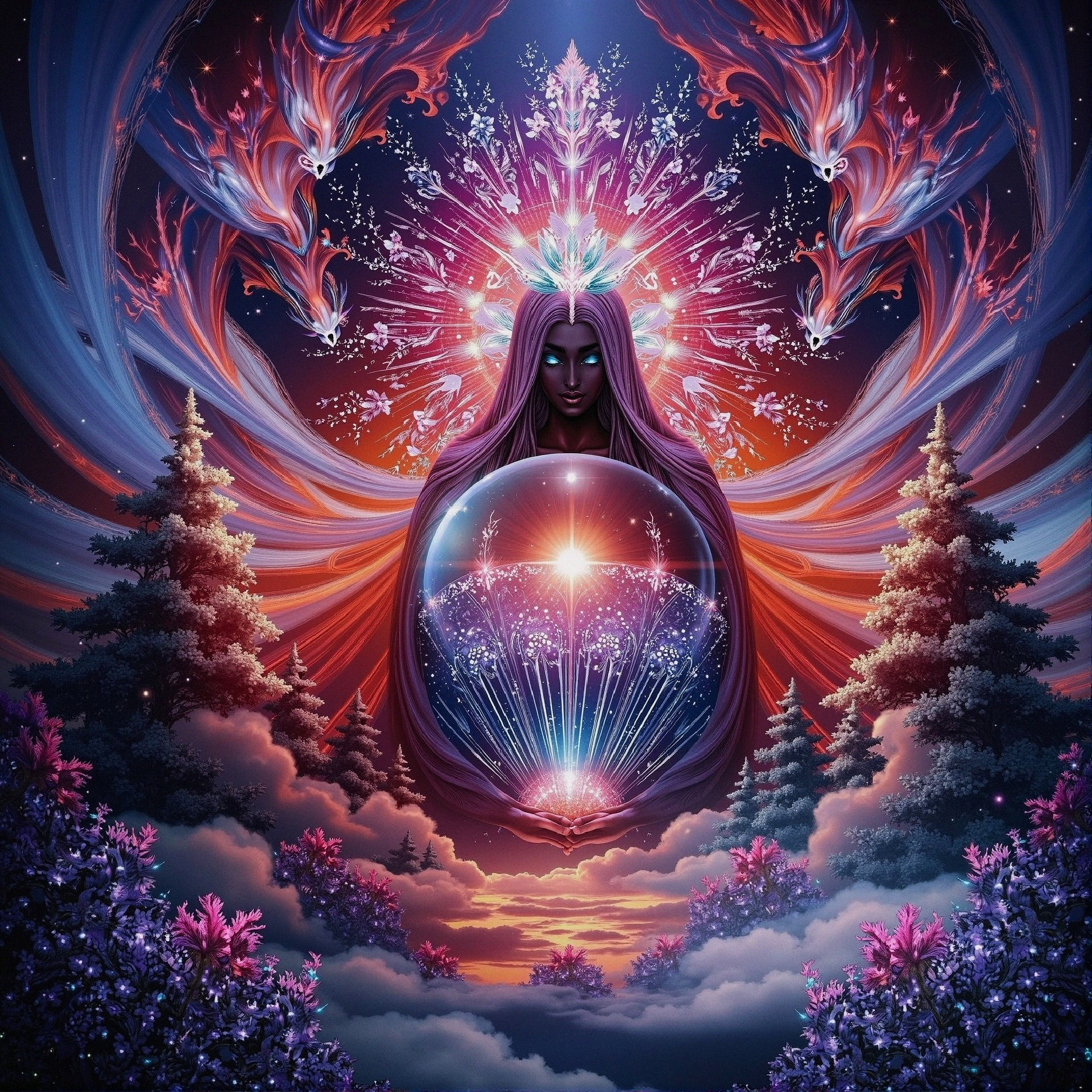 Mystical Figure with Glowing Orb in Twilight Scene