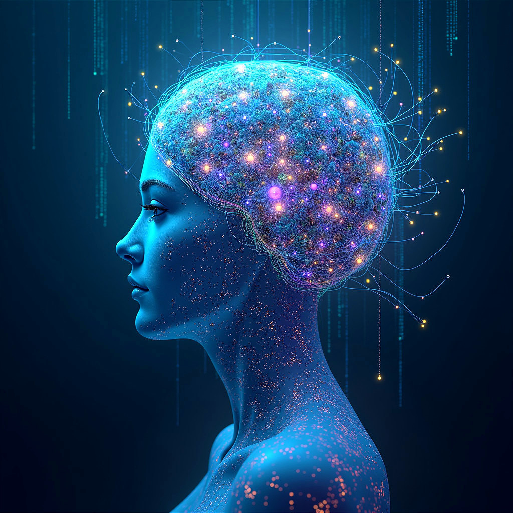 Futuristic Humanoid Figure with Glowing Brain Elements