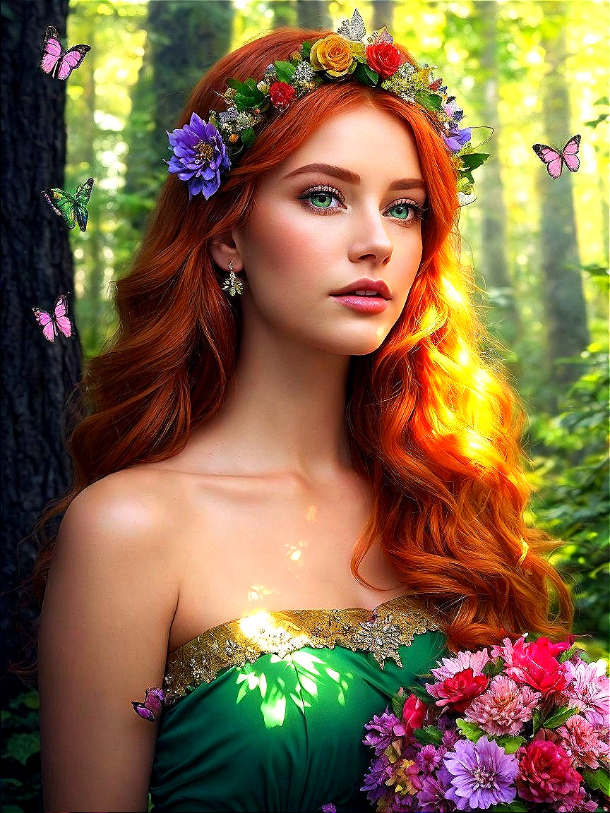 Young Woman in Floral Crown in Sunlit Forest