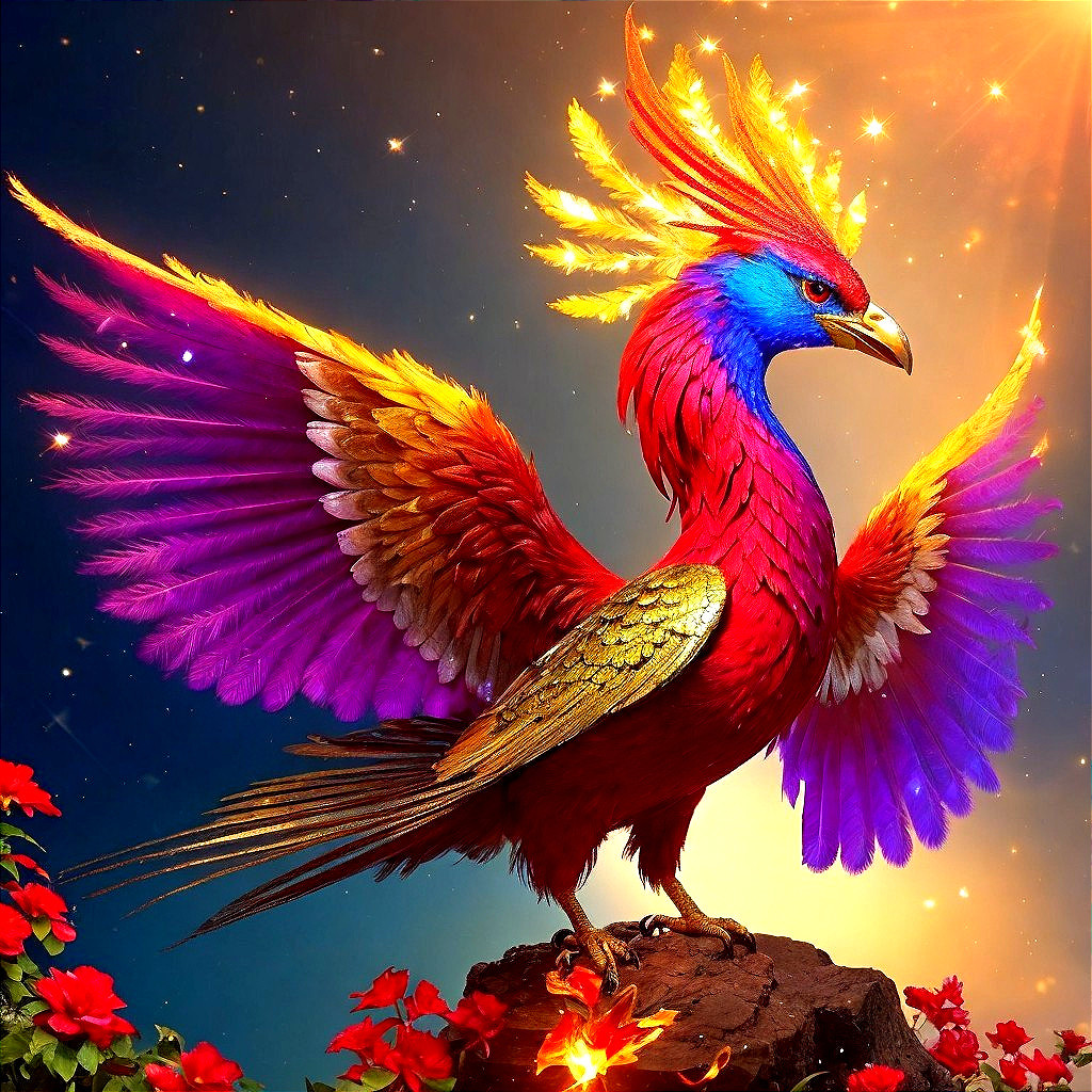 Majestic mythical bird with vibrant plumage and flowers