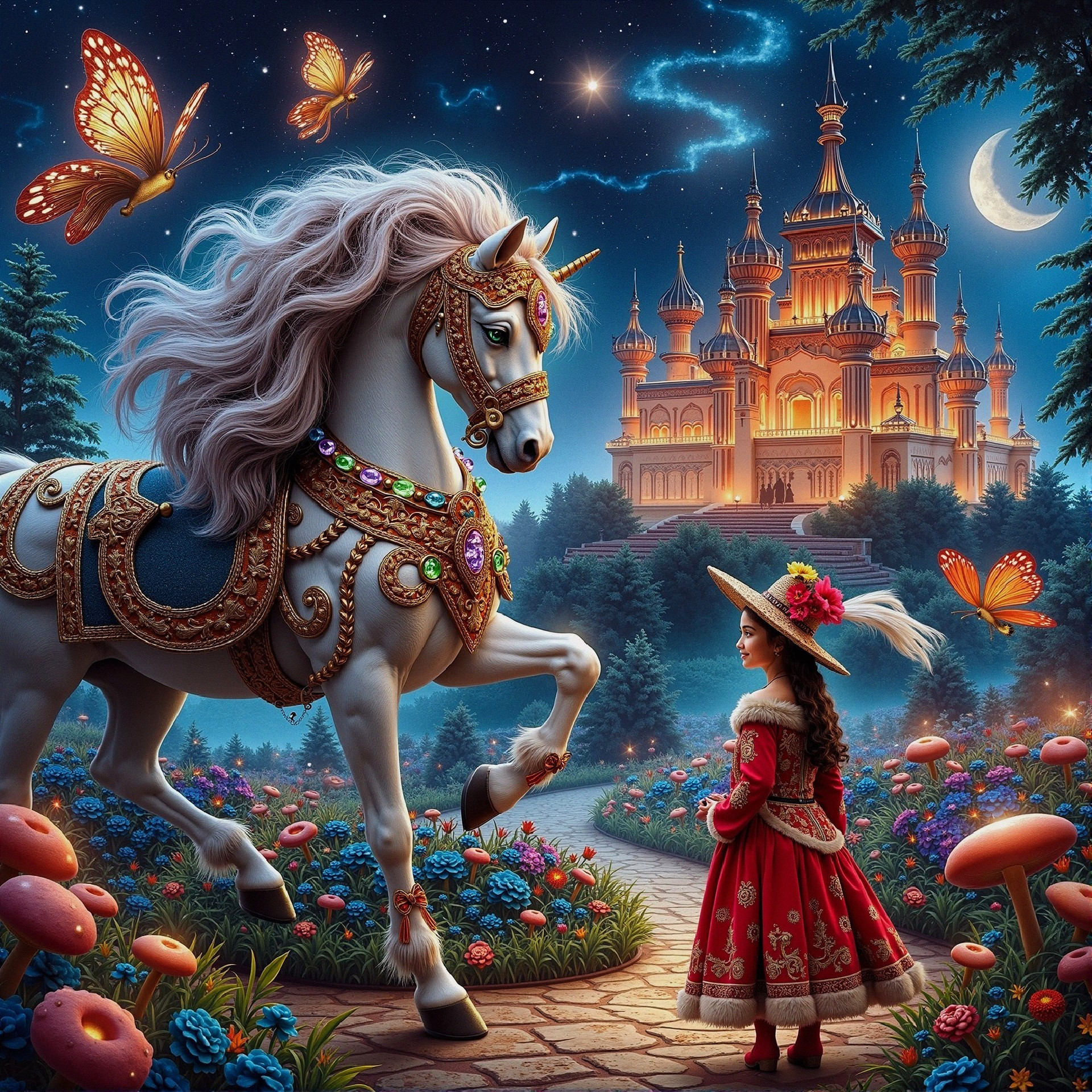 Magical Nighttime Scene with Unicorn and Castle