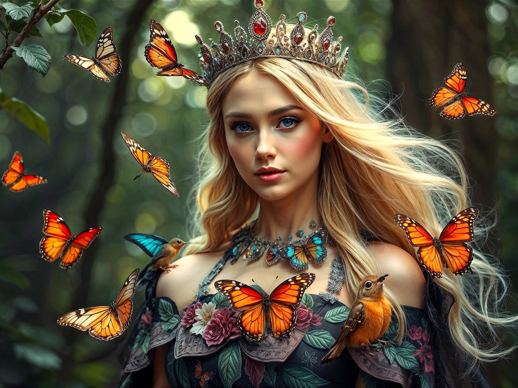 Regal Young Woman in Mystical Forest with Butterflies