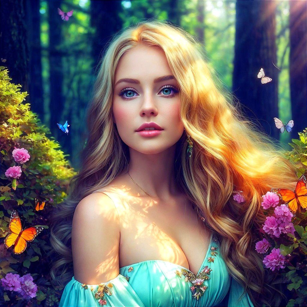 Young woman in turquoise dress in enchanted forest