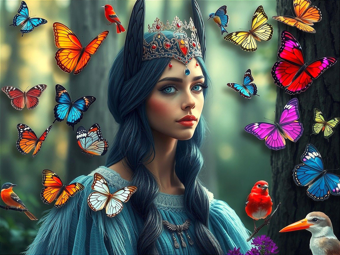 Mystical figure in enchanted forest with butterflies
