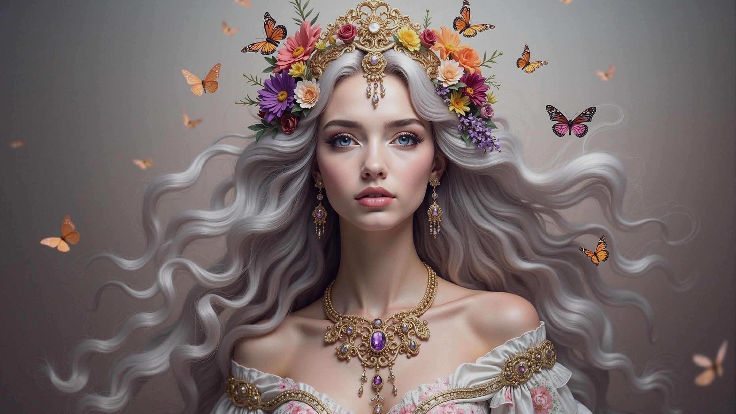 Regal Woman with Silver Hair and Flower Crown