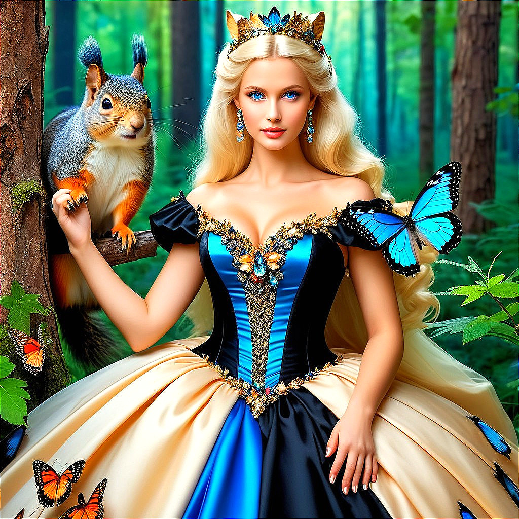 Princess in Elegant Gown Surrounded by Forest Life