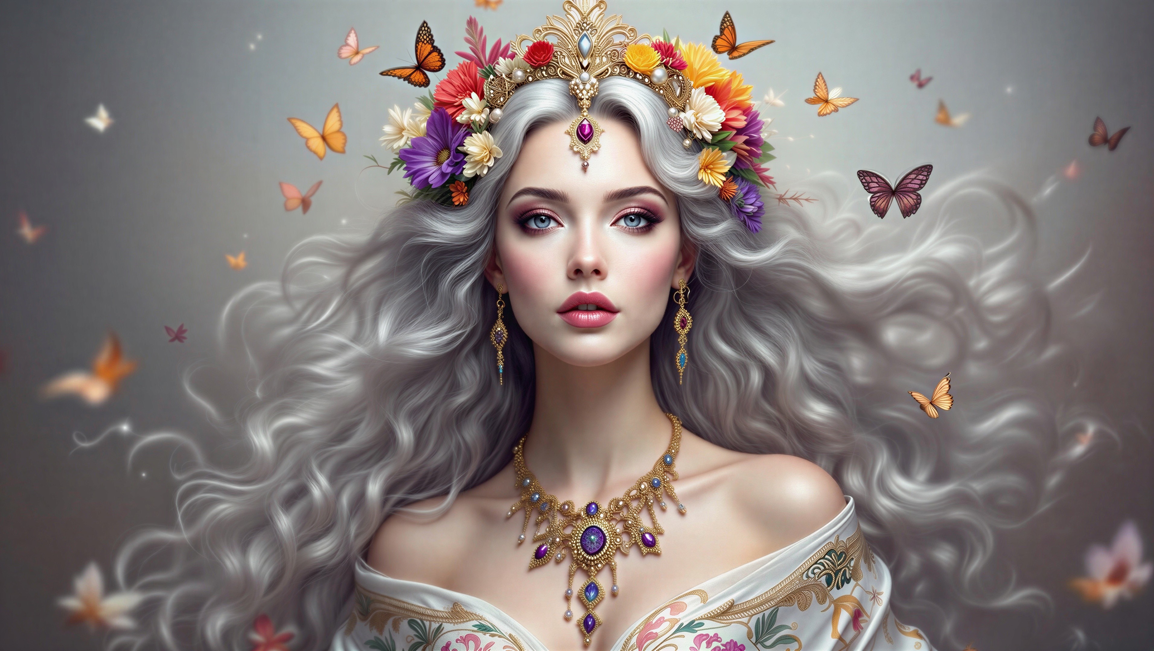 Woman with Silver Hair and Floral Crown in Nature