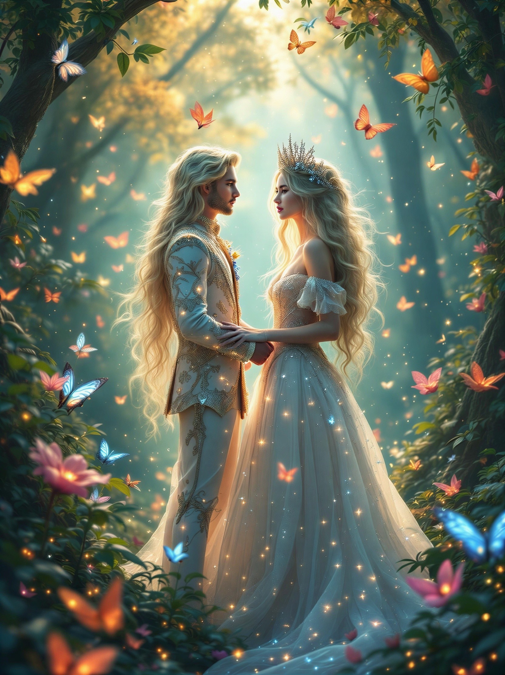 Couple in Magical Forest with Ethereal Light and Butterflies