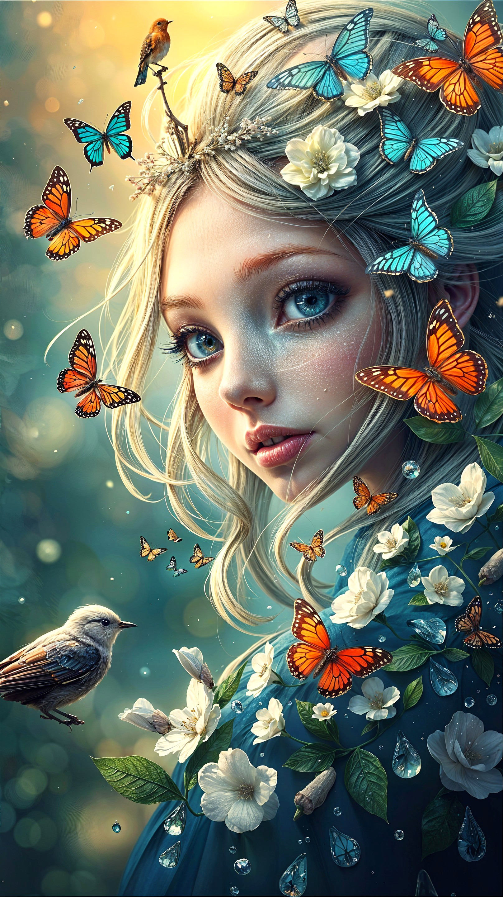 Young woman with flowers and butterflies in nature