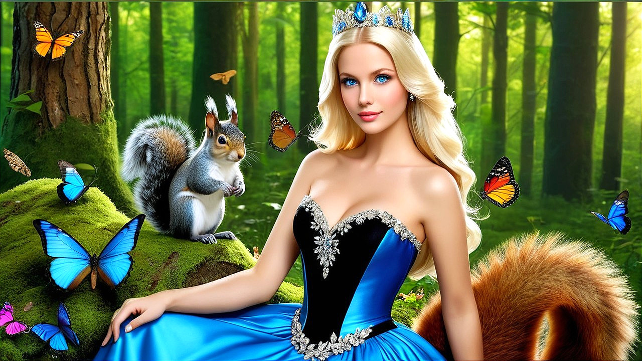 Princess in Blue Gown Surrounded by Forest Creatures