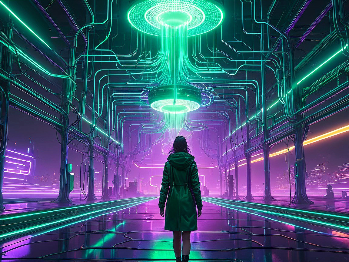 Futuristic Scene with Glowing Green and Purple Circuits