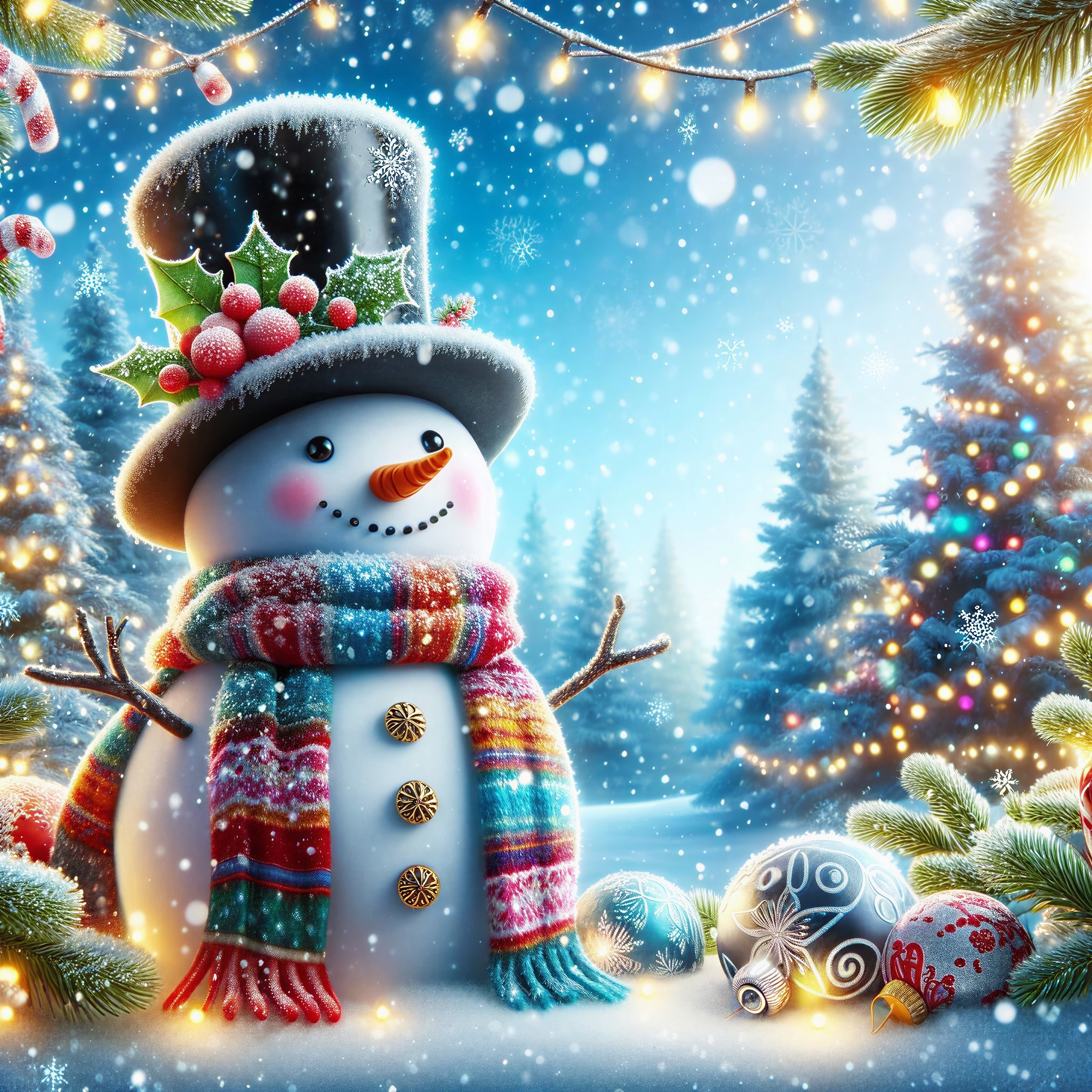 Cheerful snowman in a snowy winter landscape