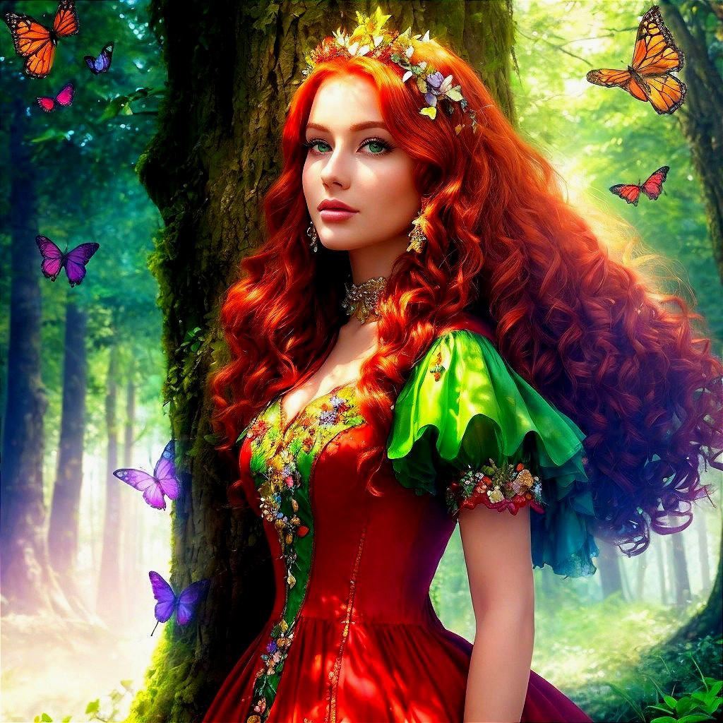 Enchanting Woman in Flower-Embroidered Gown in Forest