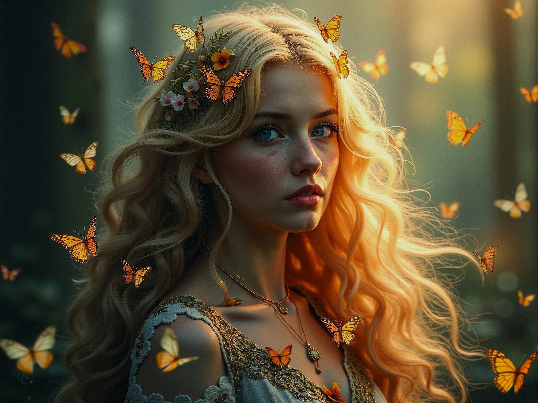 Young woman with golden hair in a forest setting