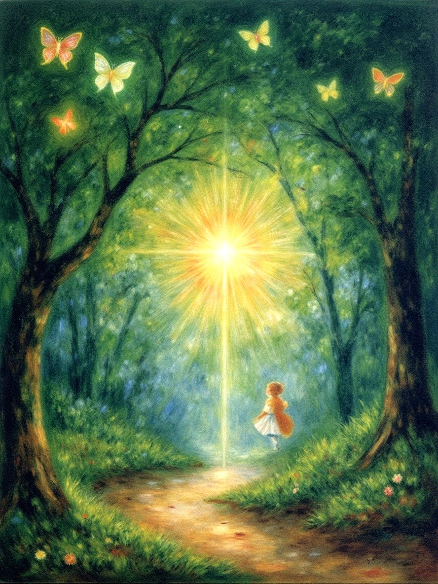 Young girl in a forest with light and butterflies