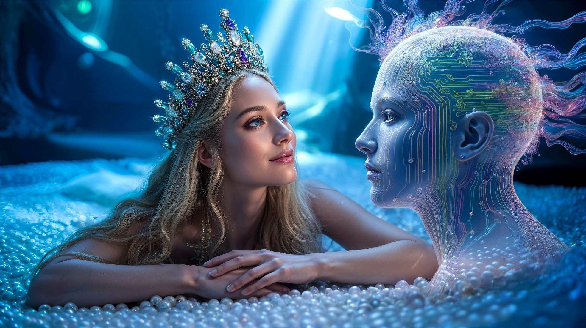 Underwater Scene with Woman and Robotic Figure