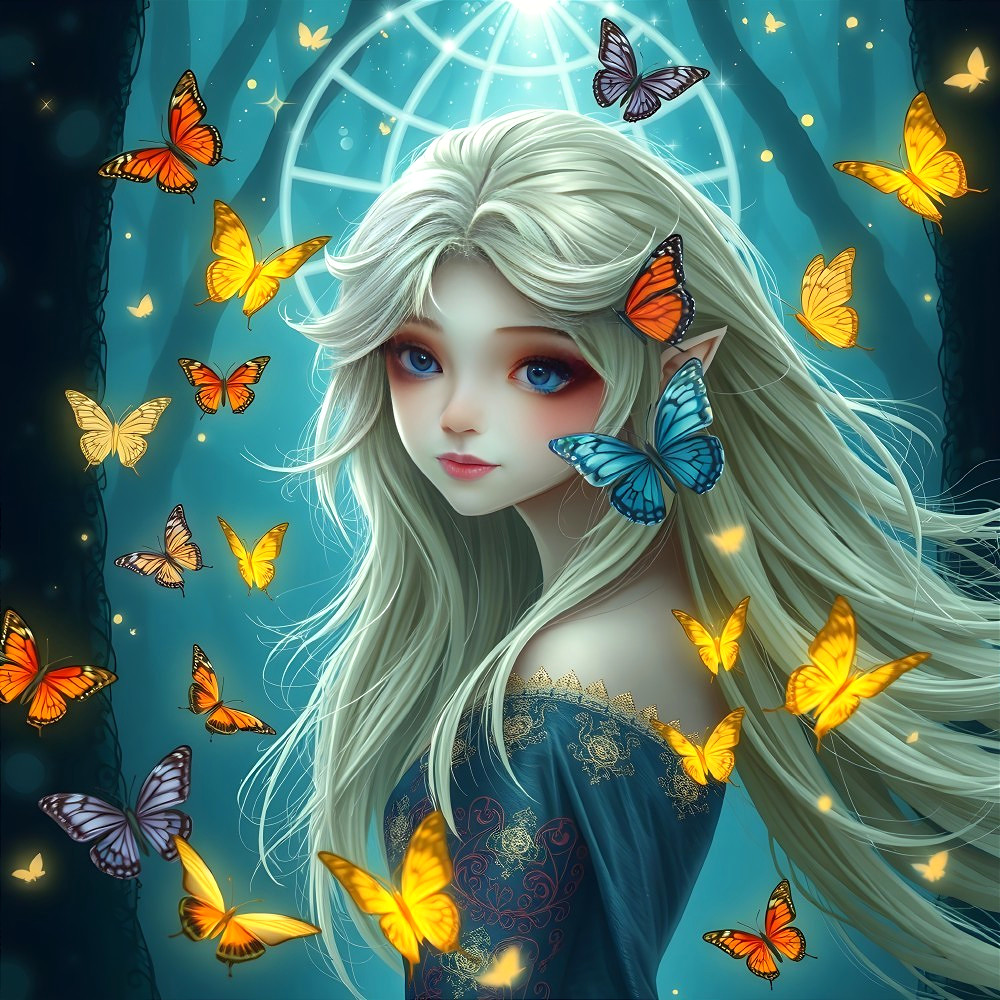 Mystical fairy surrounded by butterflies in enchanted glow
