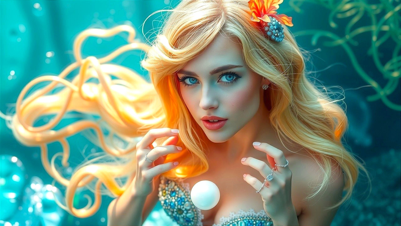 Underwater Scene with a Beautiful Mermaid and Marine Life