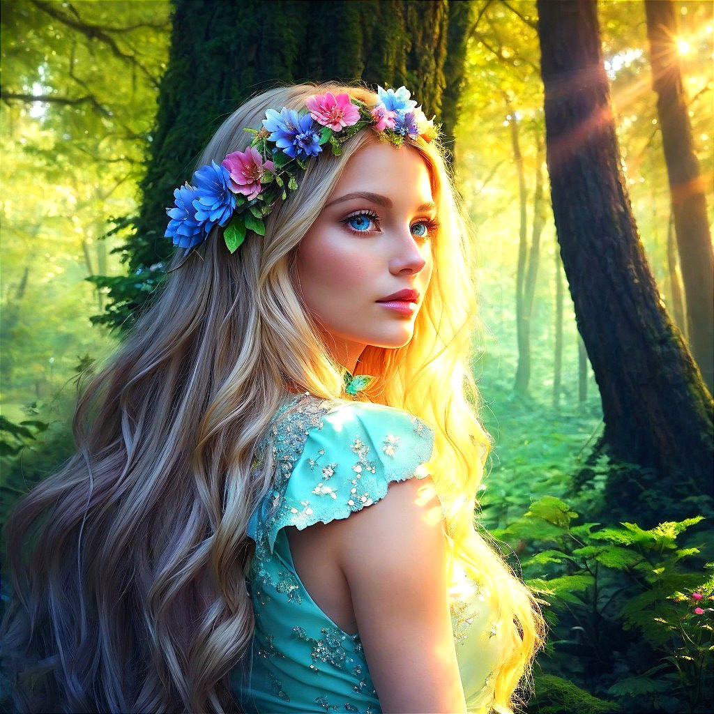 Young woman in a sunlit forest with floral crown