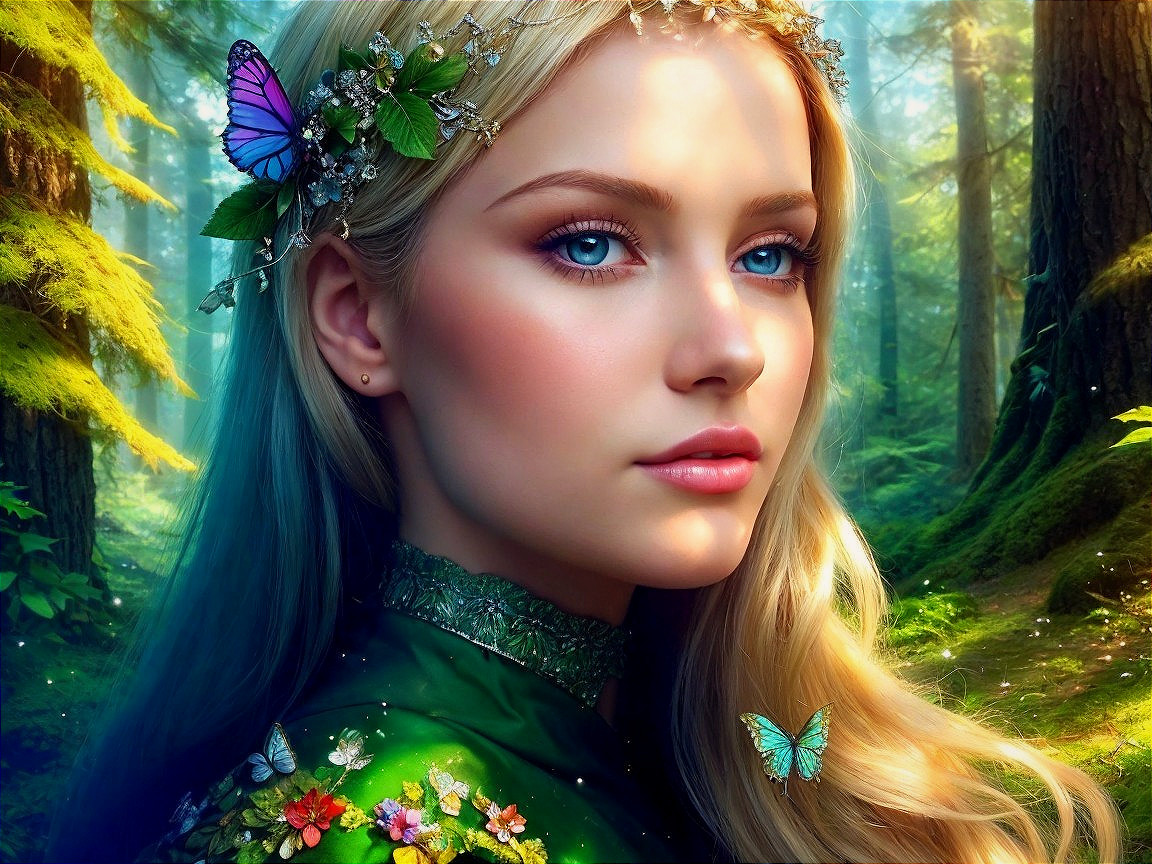 Young woman in a forest with floral attire and crown
