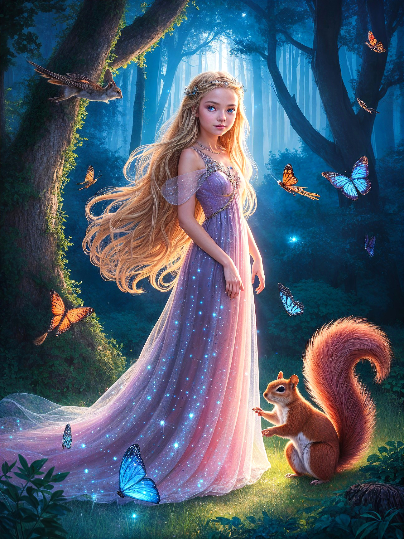 Young girl in pastel gown in enchanting forest scene