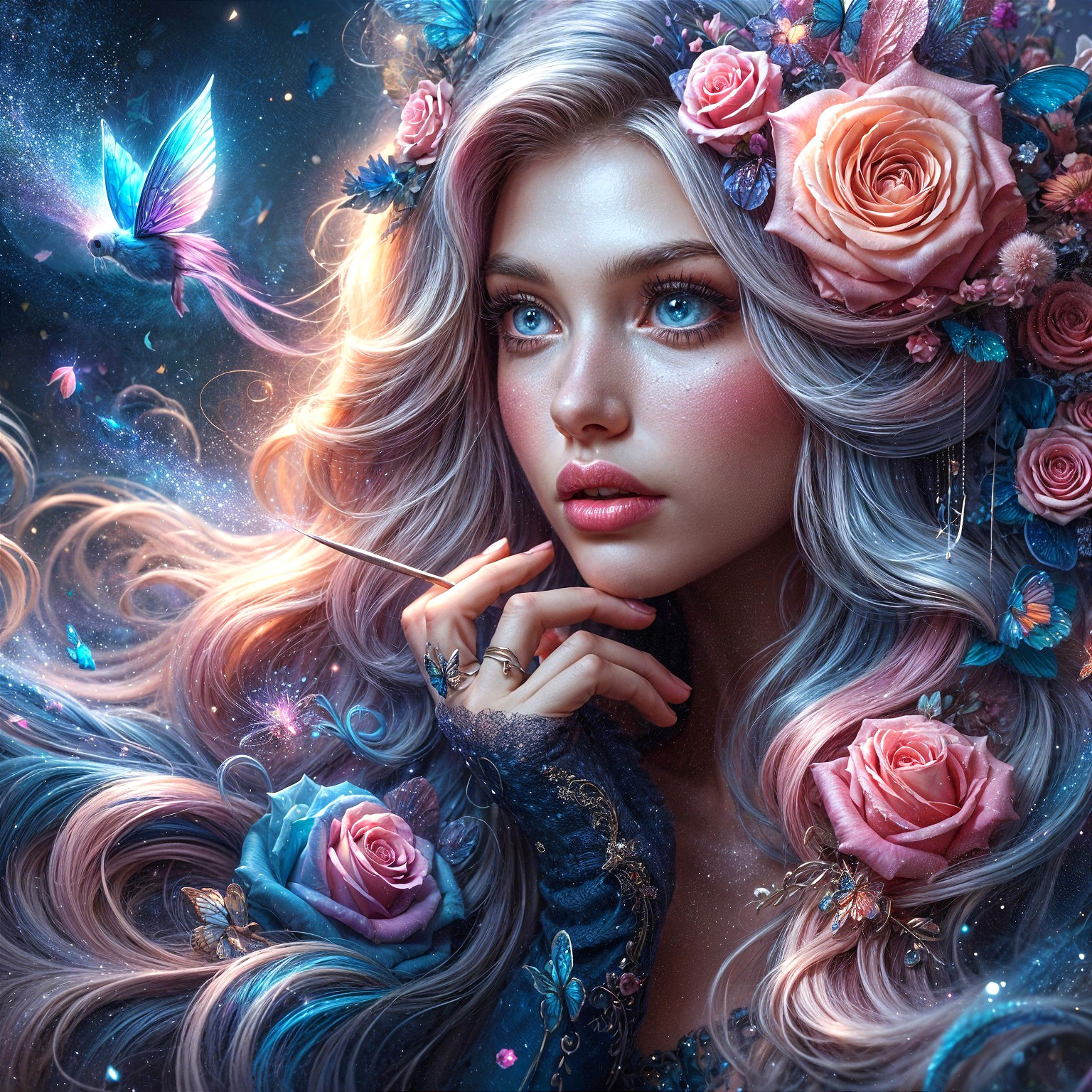 Ethereal portrait of a woman with lavender hair and flowers