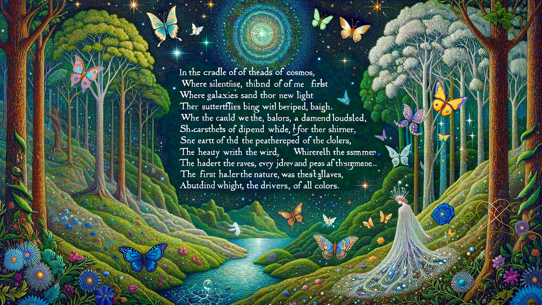 Lush Forest Scene with Starry Sky and Glowing Butterflies