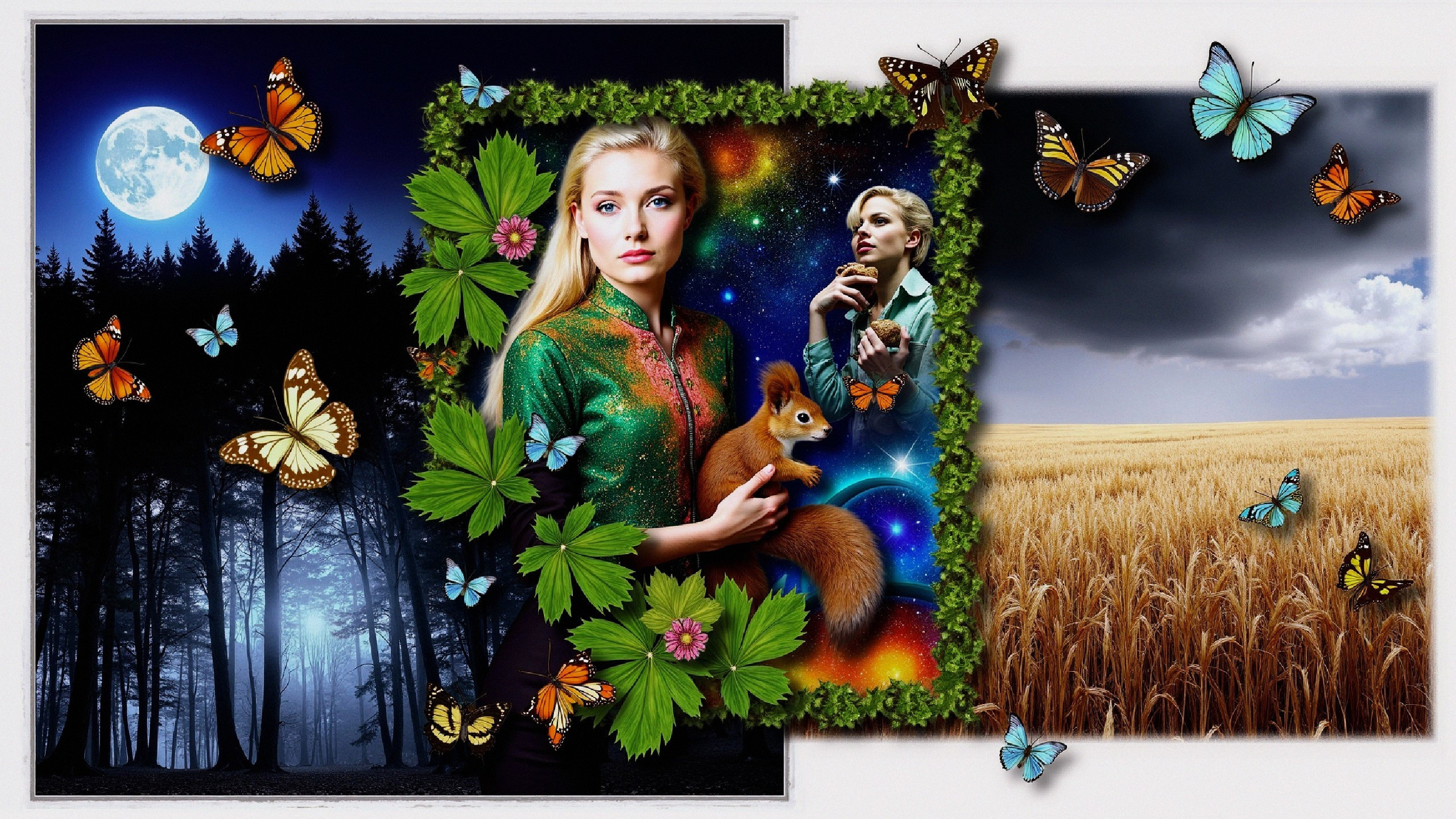 Surreal Collage of Woman, Squirrel, and Nature Elements