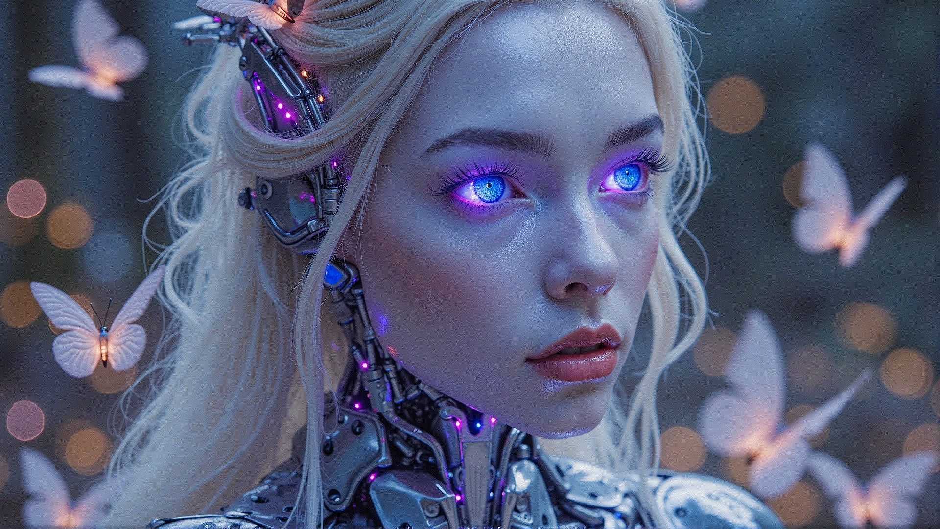 Futuristic humanoid figure in a softly lit forest