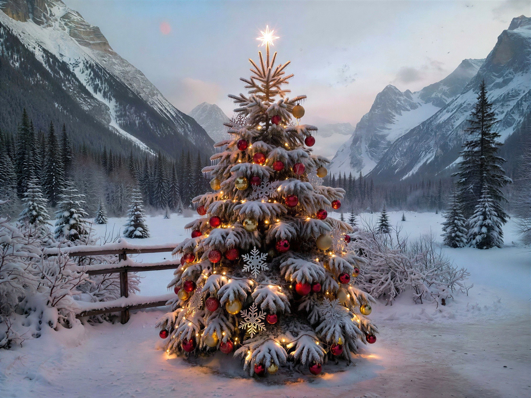 Outdoor Christmas tree with snow and festive decor