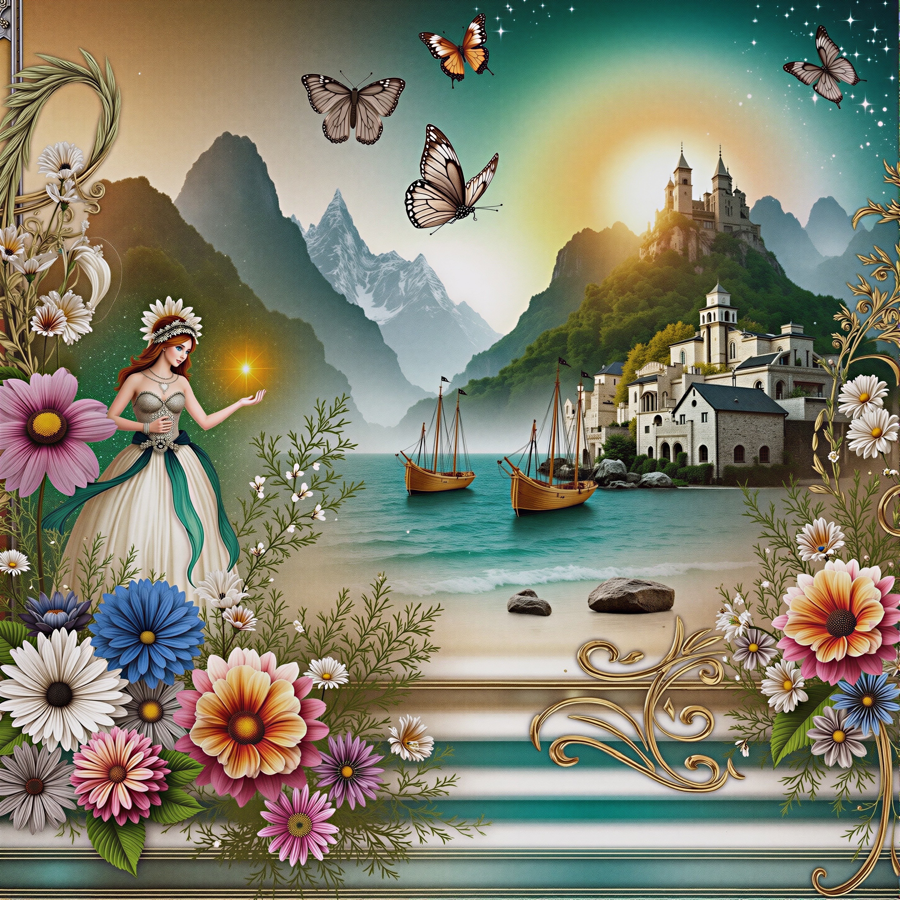 Vibrant Beach Landscape with Mountains and Castle