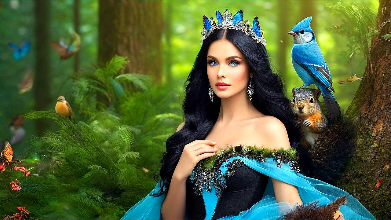 Elegant woman in blue gown amidst vibrant forest scene