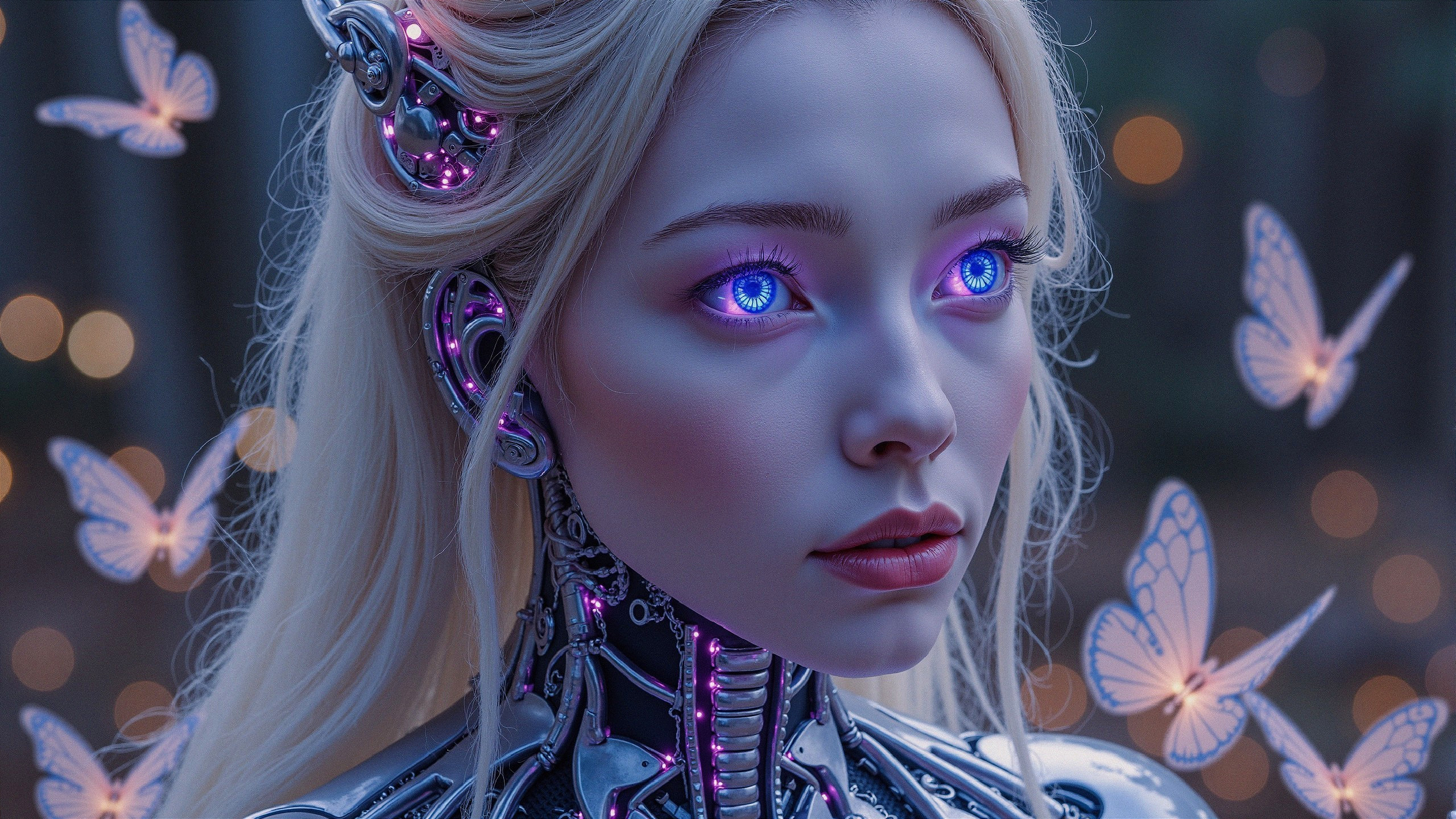 Futuristic humanoid female robot with butterflies