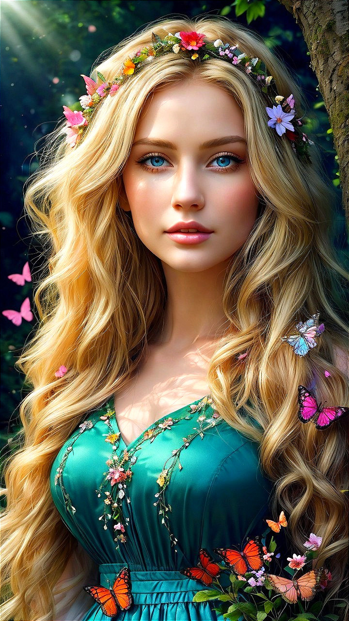 Young woman in green dress in enchanted forest setting
