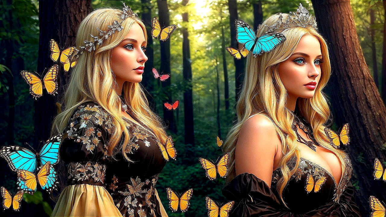 Ethereal Women in a Magical Forest with Butterflies