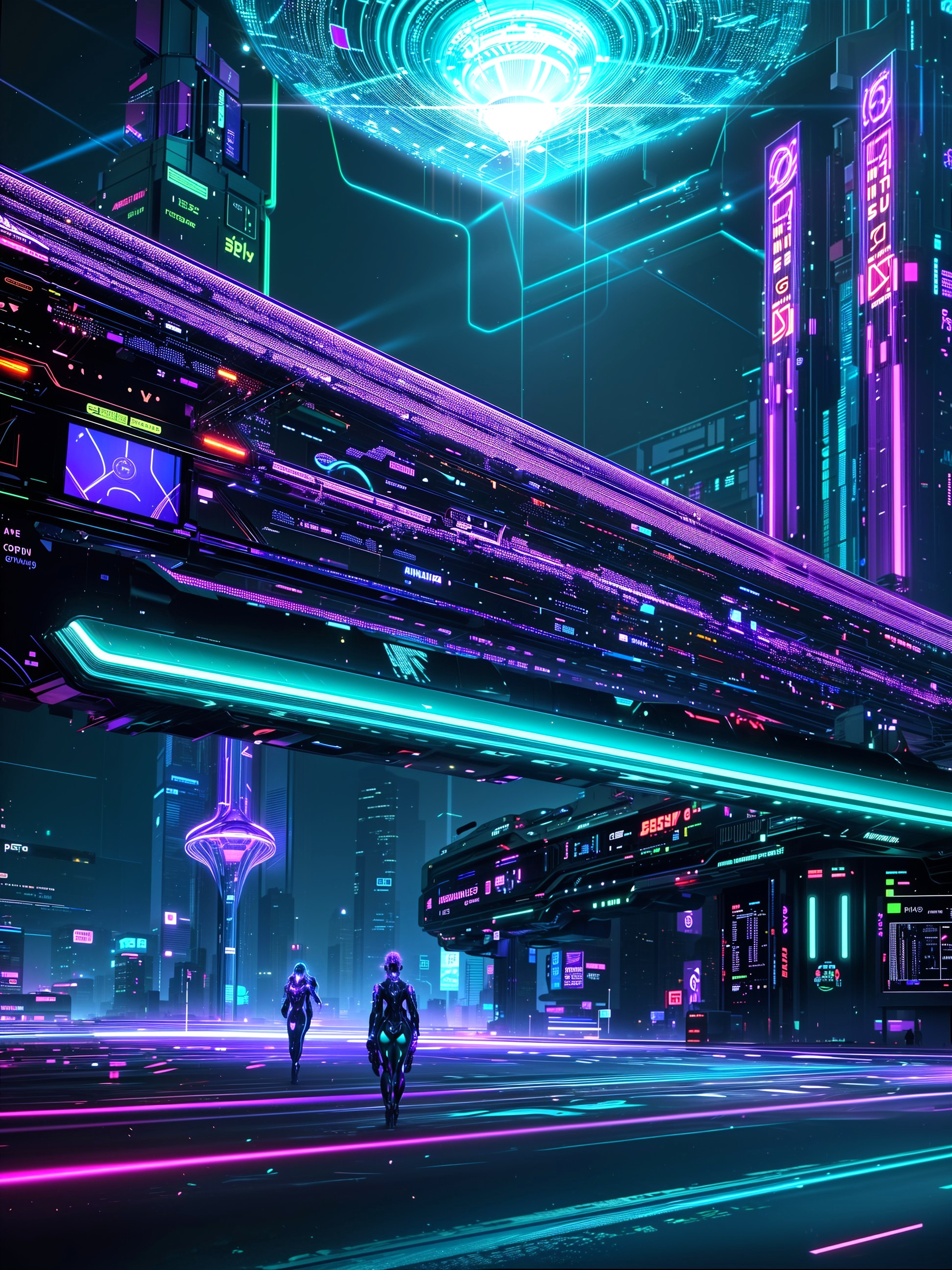 Futuristic cityscape with neon lights and skyscrapers
