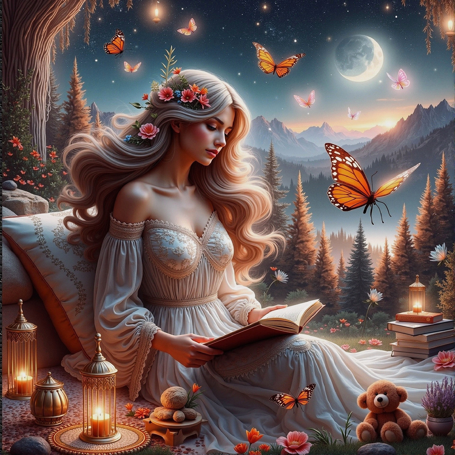 Woman Reading in a Magical Forest at Twilight
