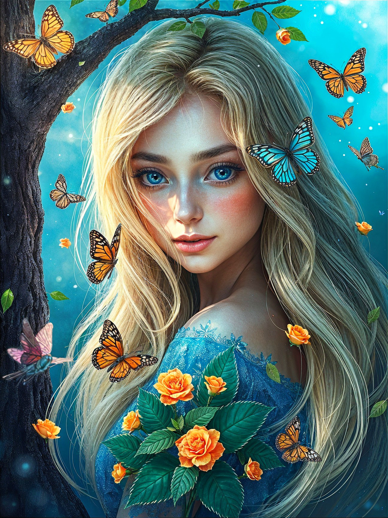 Young woman with blonde hair among roses and butterflies