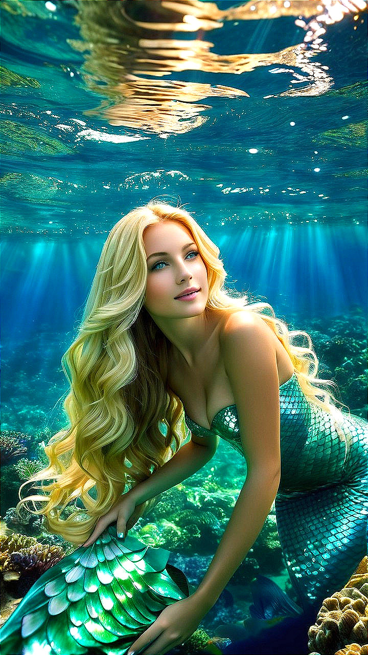 Mermaid Swimming in Sunlit Underwater Scene