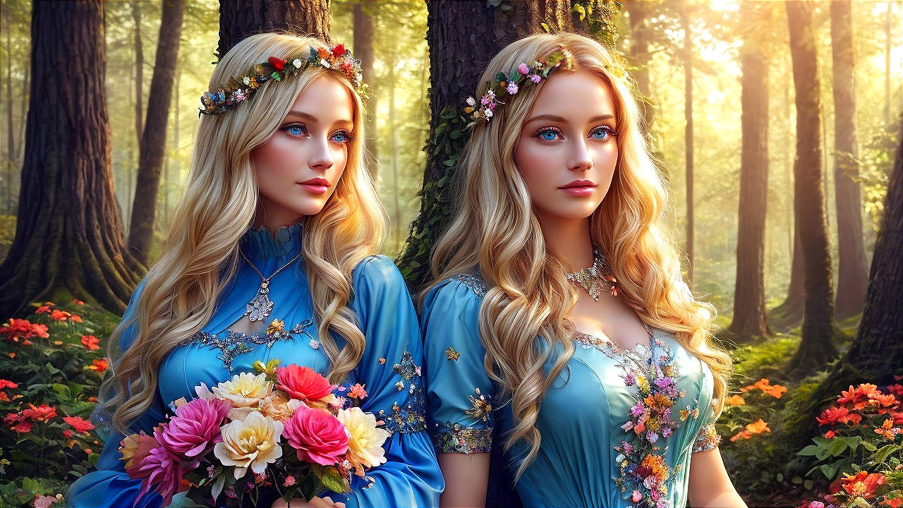 Serene Women in Elegant Dresses in Lush Forest